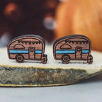 Hand drawn laser cut, engraved and hand painted Happy Camper wood studs earrings Great for sensitive ears 13mm length
