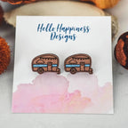 Hand drawn laser cut, engraved and hand painted Happy Camper wood studs earrings Great for sensitive ears 13mm length