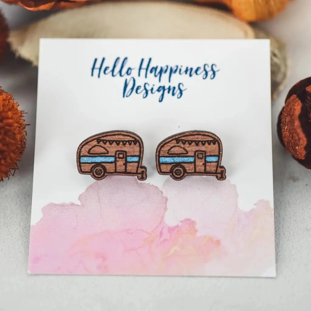 Hand drawn laser cut, engraved and hand painted Happy Camper wood studs earrings Great for sensitive ears 13mm length