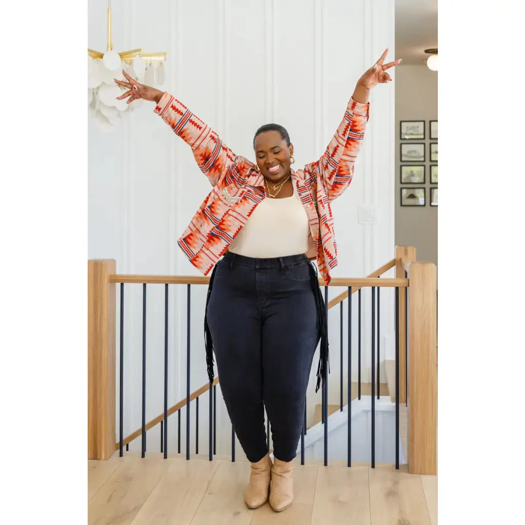 Rock the look in our Hilary Side Fringe Black Skinny Jeggings by Judy Blue! These stretchy denim jeggings feature a mid