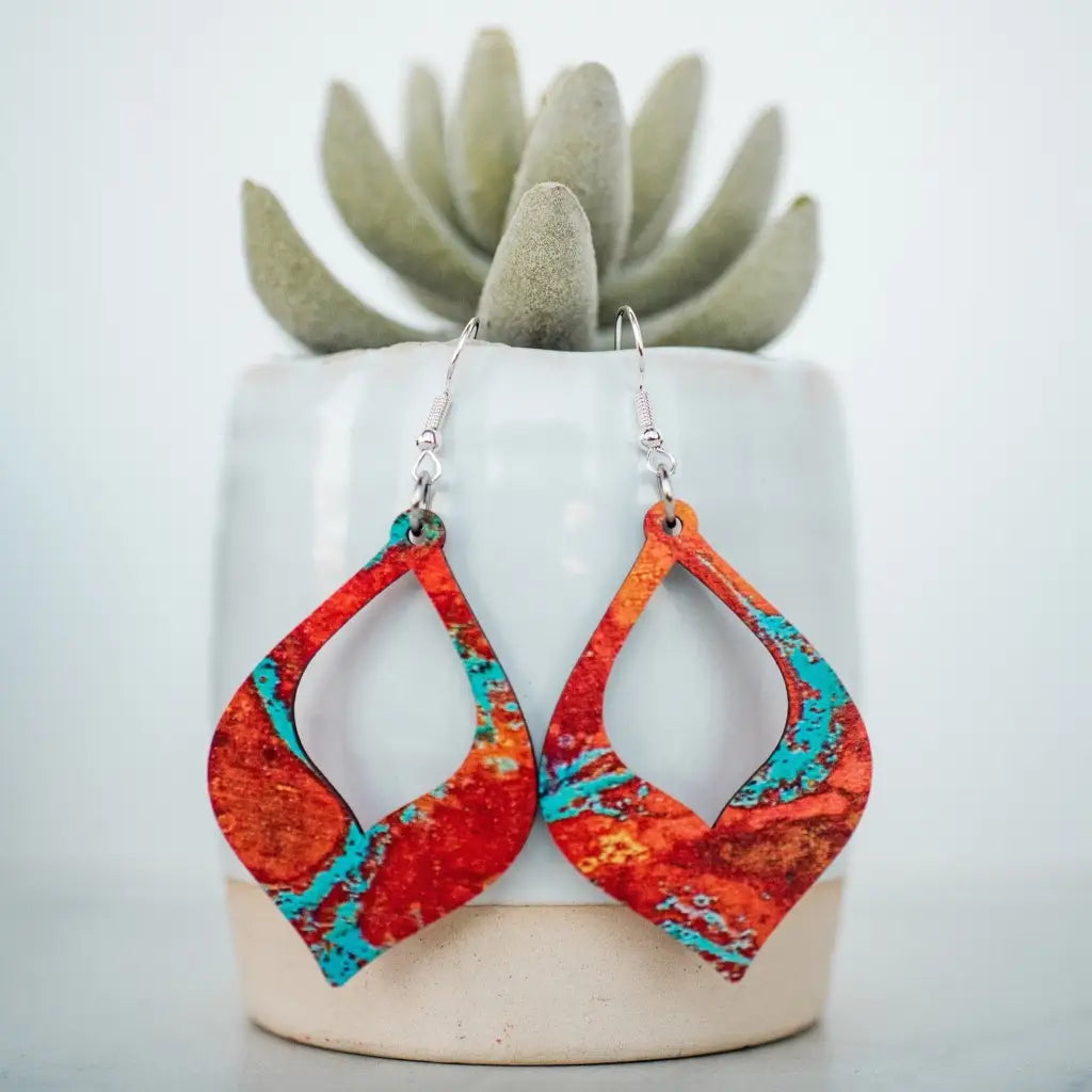 Medium copper patina cutout teardrop dangle earrings. 2 inch length. Great for sensitive ears! Material: Printed MDF