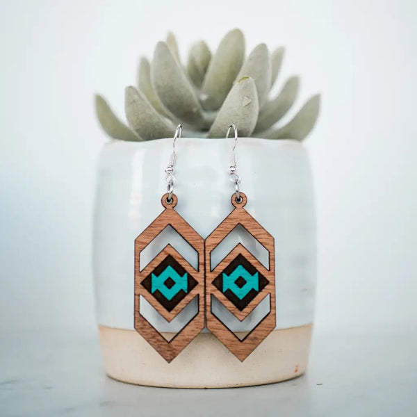 Medium Teal Aztec Chevron Wood Dangle Earrings