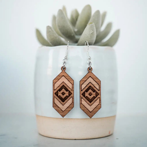 Petite Aztec Chevron Two Tone Wood Dangle Earrings