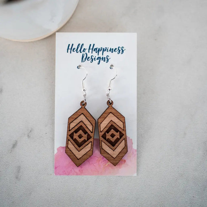 Petite Aztec Chevron Two Tone Wood Dangle Earrings