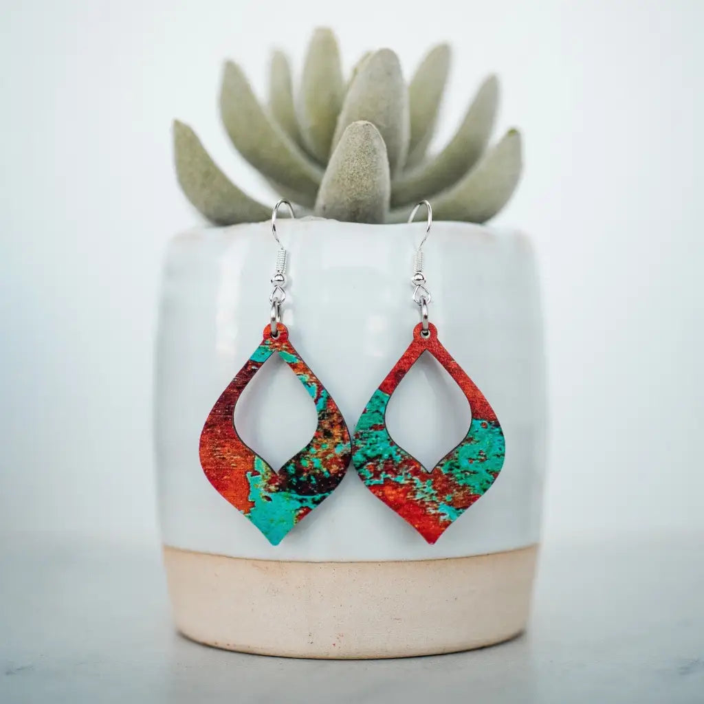 Petite copper patina cutout teardrop dangle earrings. 1.5 inch length. Great for sensitive ears! Material: Printed MDF