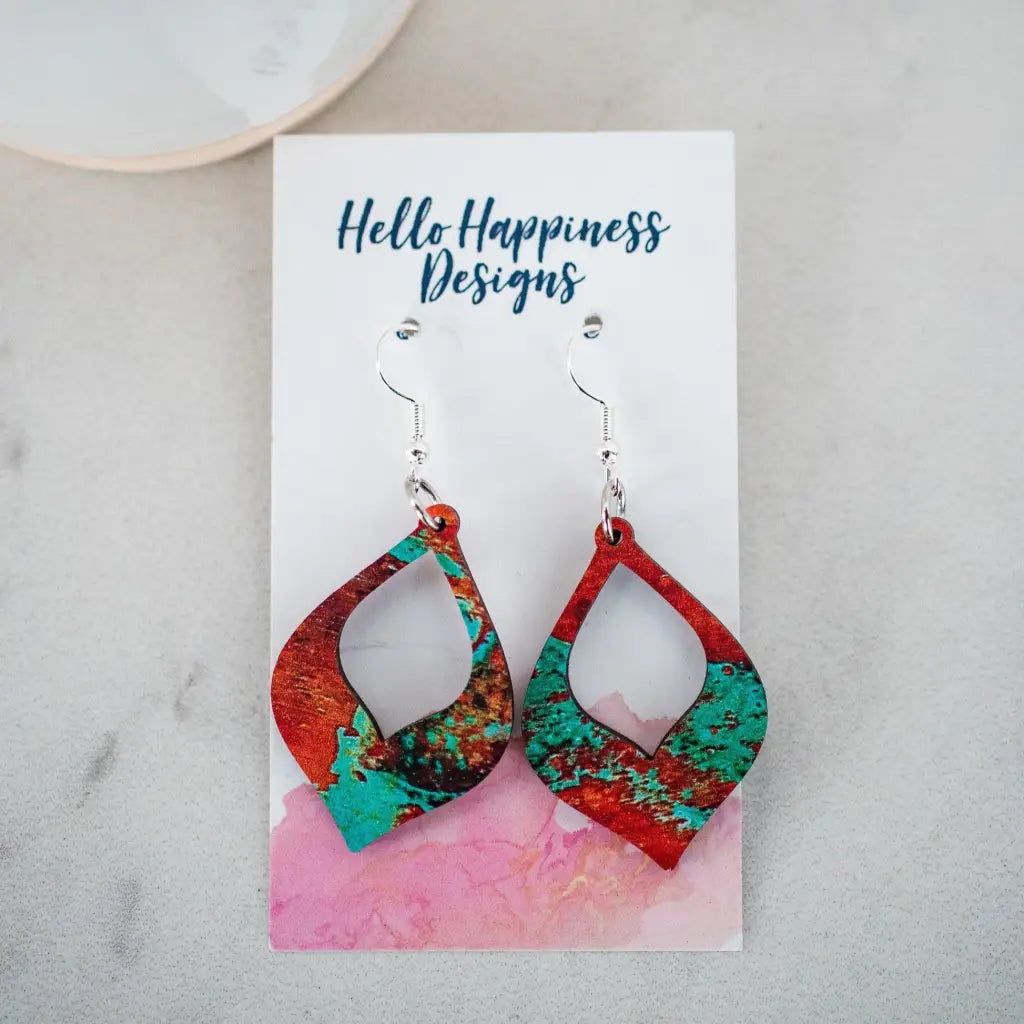 Petite copper patina cutout teardrop dangle earrings. 1.5 inch length. Great for sensitive ears! Material: Printed MDF