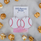 Red and white baseball acrylic dangle earrings. 1.5 inch length. Great for sensitive ears! Material: Specialty