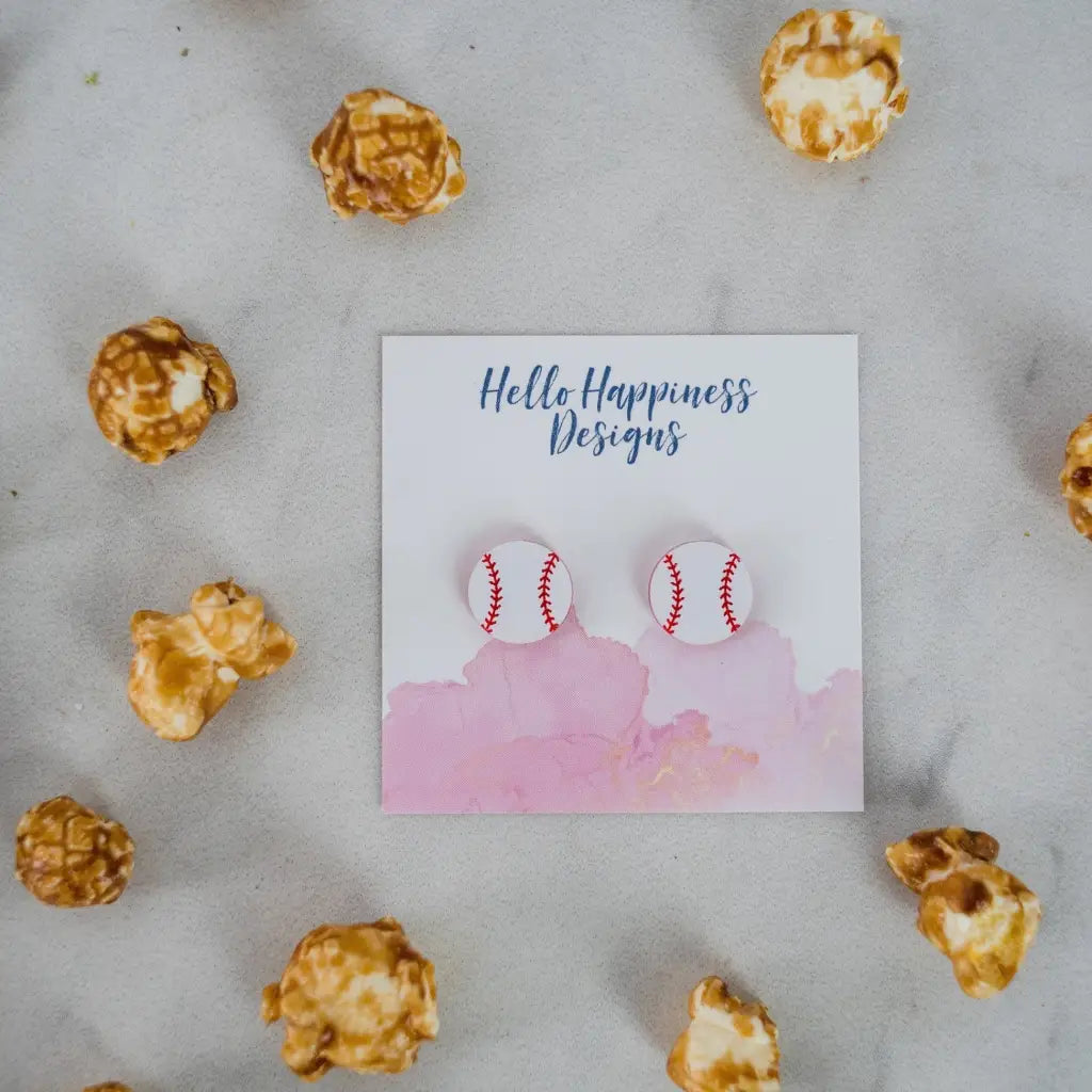 Hand drawn laser cut and engraved red white baseball acrylic studs. Great for sensitive ears! 14mm Material: