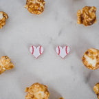 Hand drawn laser cut and engraved red & white baseball heart acrylic studs. Great for sensitive ears! 13mm x 14mm
