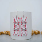 Red and white baseball mom letter dangle earrings. 2.2 inch length. Great for sensitive ears! Material: Specialty