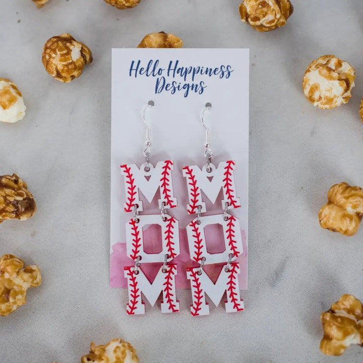 Red & White Baseball Mom Letter Dangles - Earrings