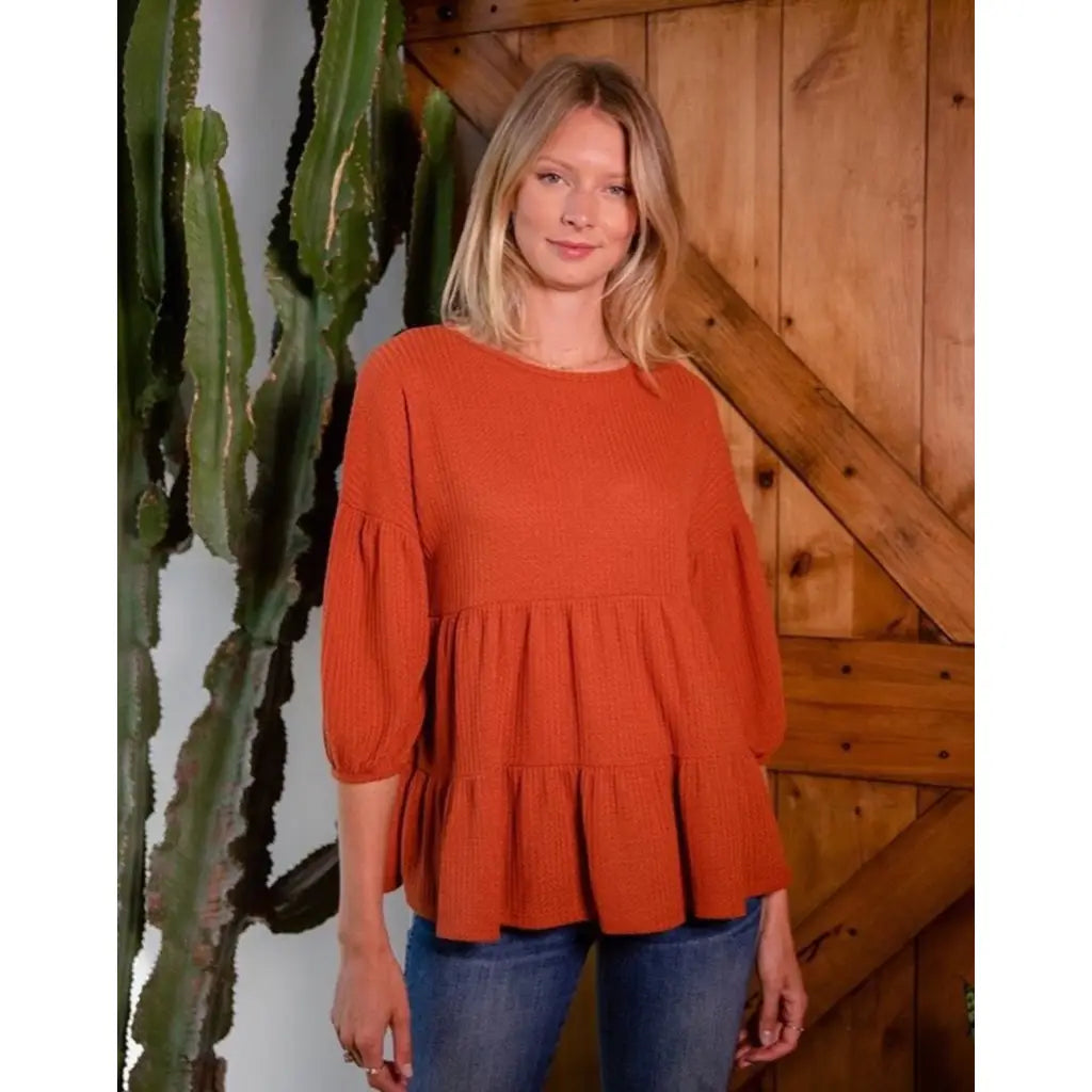 Our Rustic Fall Dreamer Top is perfect for a casual fall look! Featuring the best soft stretchy and light waffle