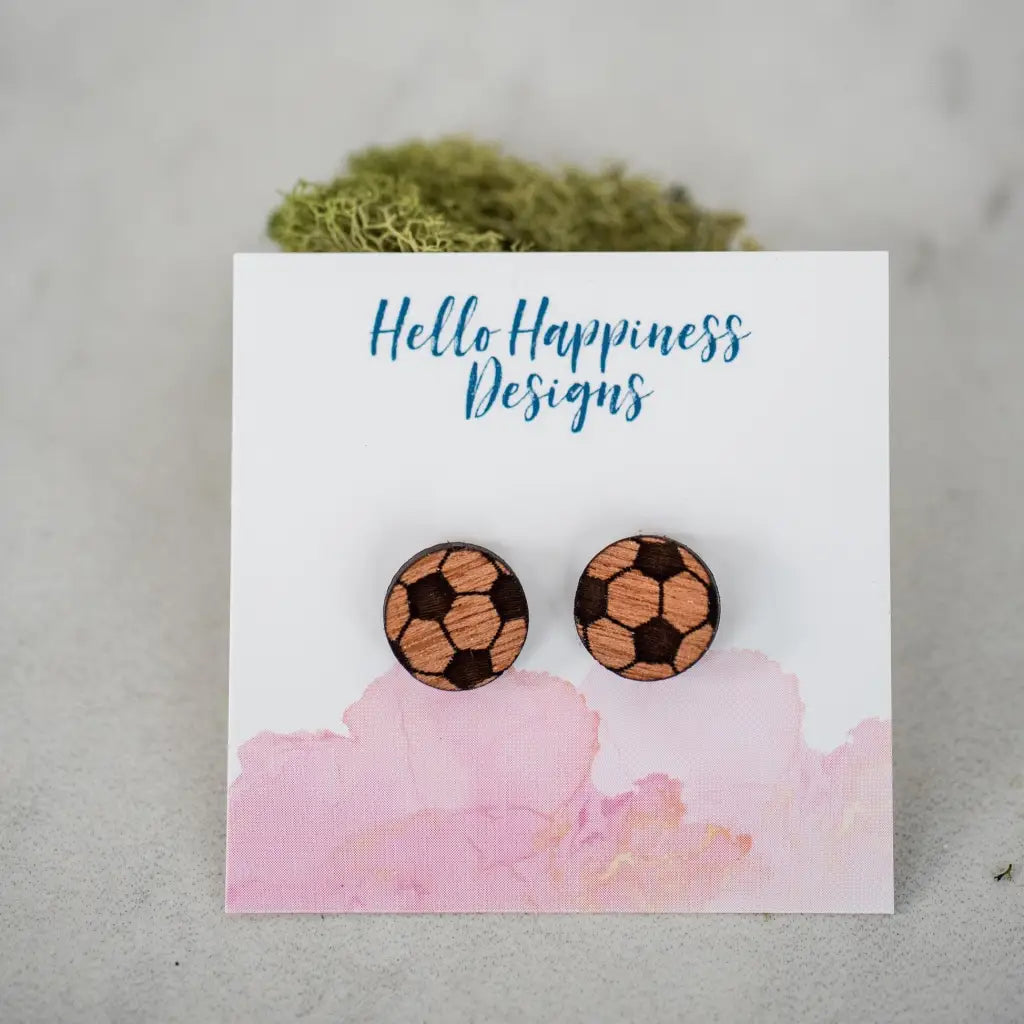 Hand drawn laser cut and engraved soccer ball wood studs. Great for sensitive ears! 14mm Material: SapeleFindings: