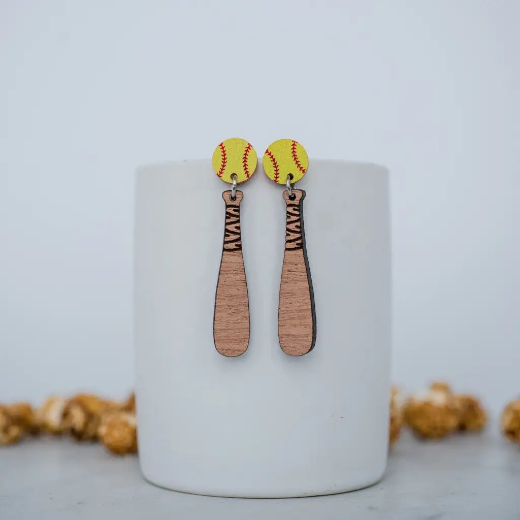 Softball and bat drop acrylic wood dangle earrings. 2.3 inch length. Great for sensitive ears! Material: Specialty