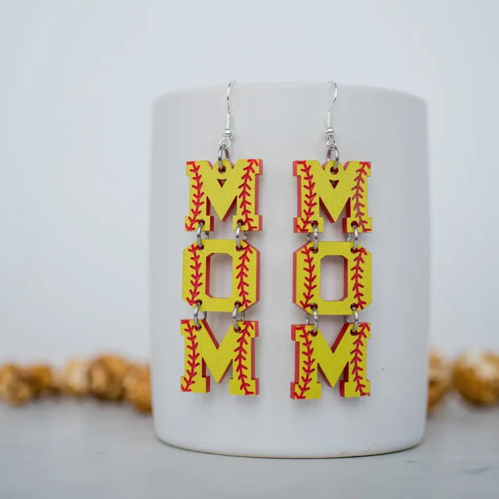 Yellow and red softball mom letter dangle earrings. 2.2 inch length. Great for sensitive ears! Material: Specialty