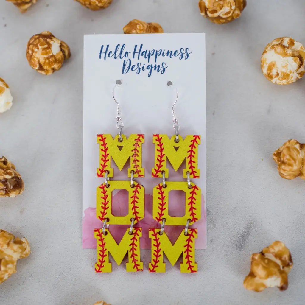 Yellow and red softball mom letter dangle earrings. 2.2 inch length. Great for sensitive ears! Material: Specialty